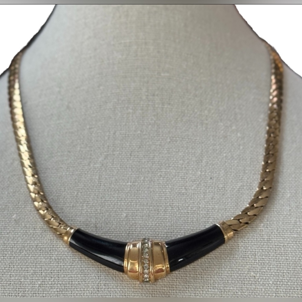 CHRISTIAN DIOR Black Enamel Sparkling Ice Rhinestone Vintage Necklace